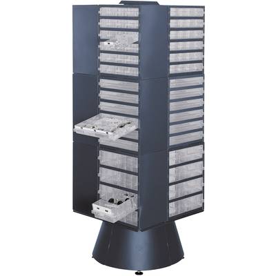 Système de rangement rotatif à tiroirs multiples, partiellement ouverts, pour le stockage d'objets ou de composants de petite taille.