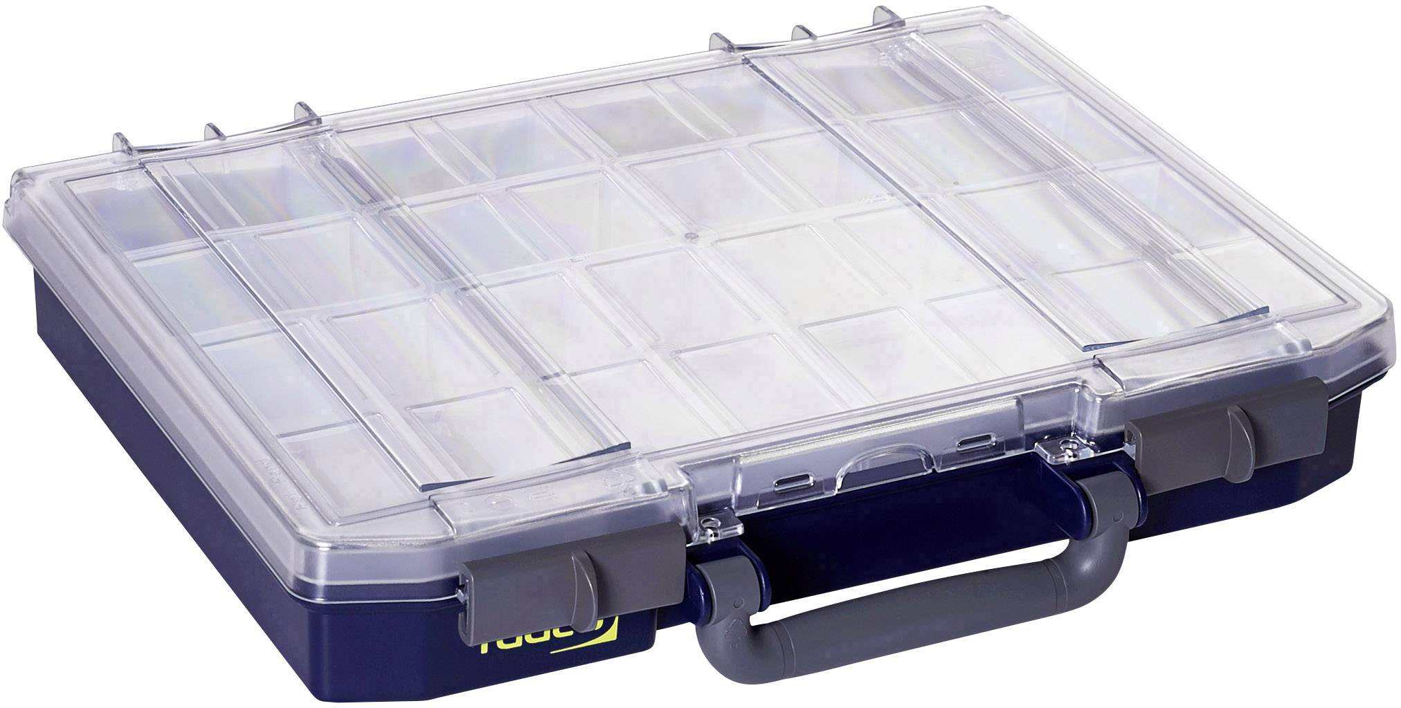 Un bac de rangement vide et transparent avec une poignée grise, idéal pour le stockage de petits objets ou d'outils.
