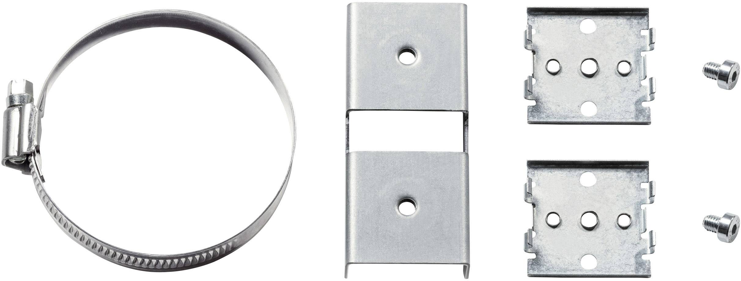 Ensemble de fixations métalliques composé d'un collier de serrage, de deux supports rectangulaires et de deux plaques carrées avec des vis.