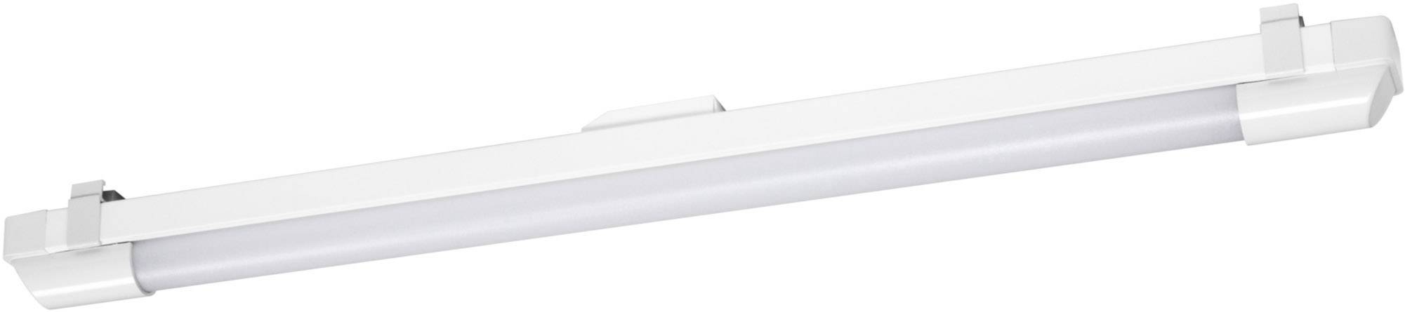 Tube fluorescent LED avec boîtier blanc et diffuseur laiteux, monté sur un support, adapté pour les installations au plafond.