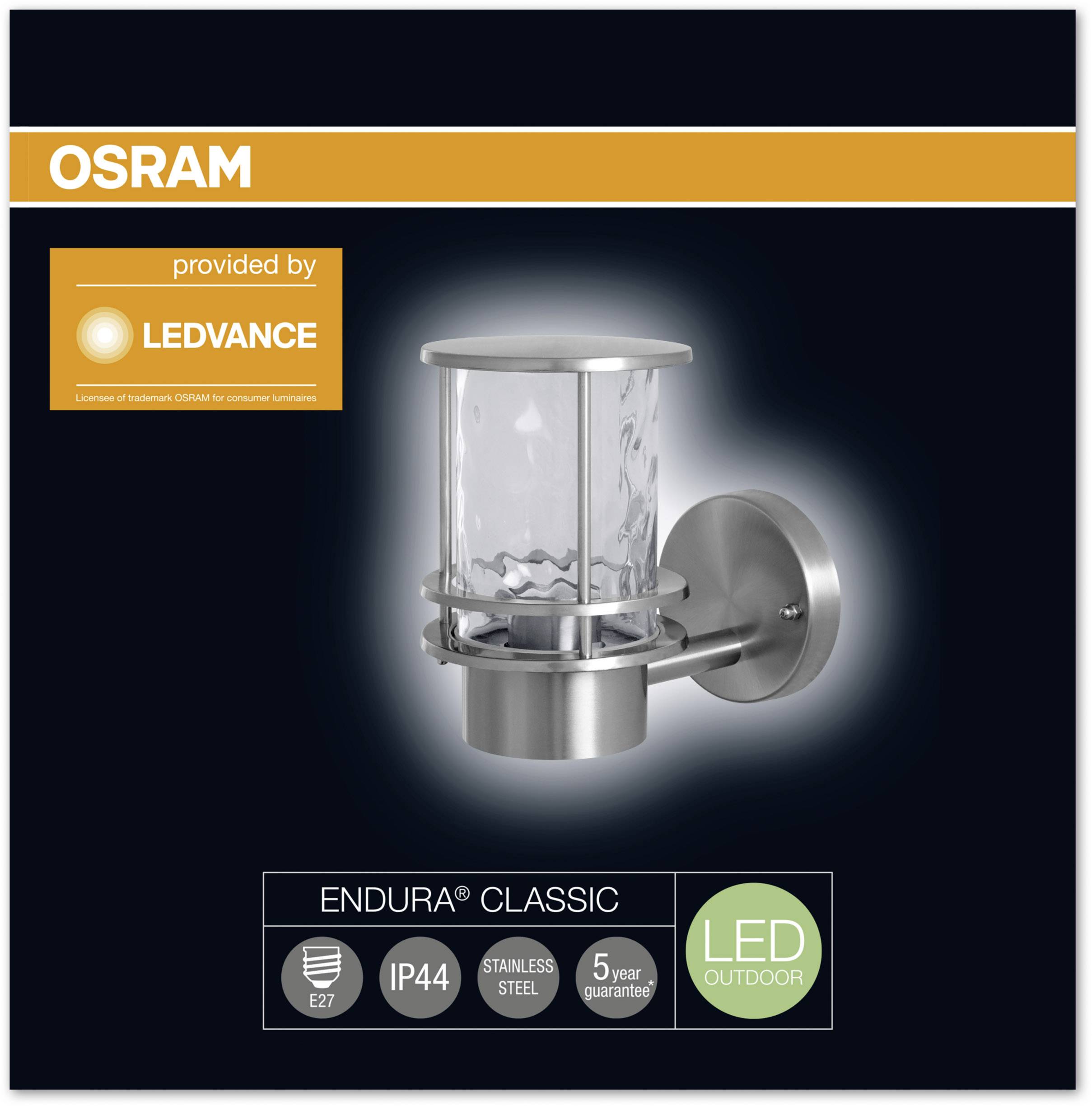 Applique extérieure OSRAM ENDURA® CLASSIC LED avec boîtier en acier inoxydable, protection IP44, douille E27, garantie de 5 ans, par LEDVANCE.