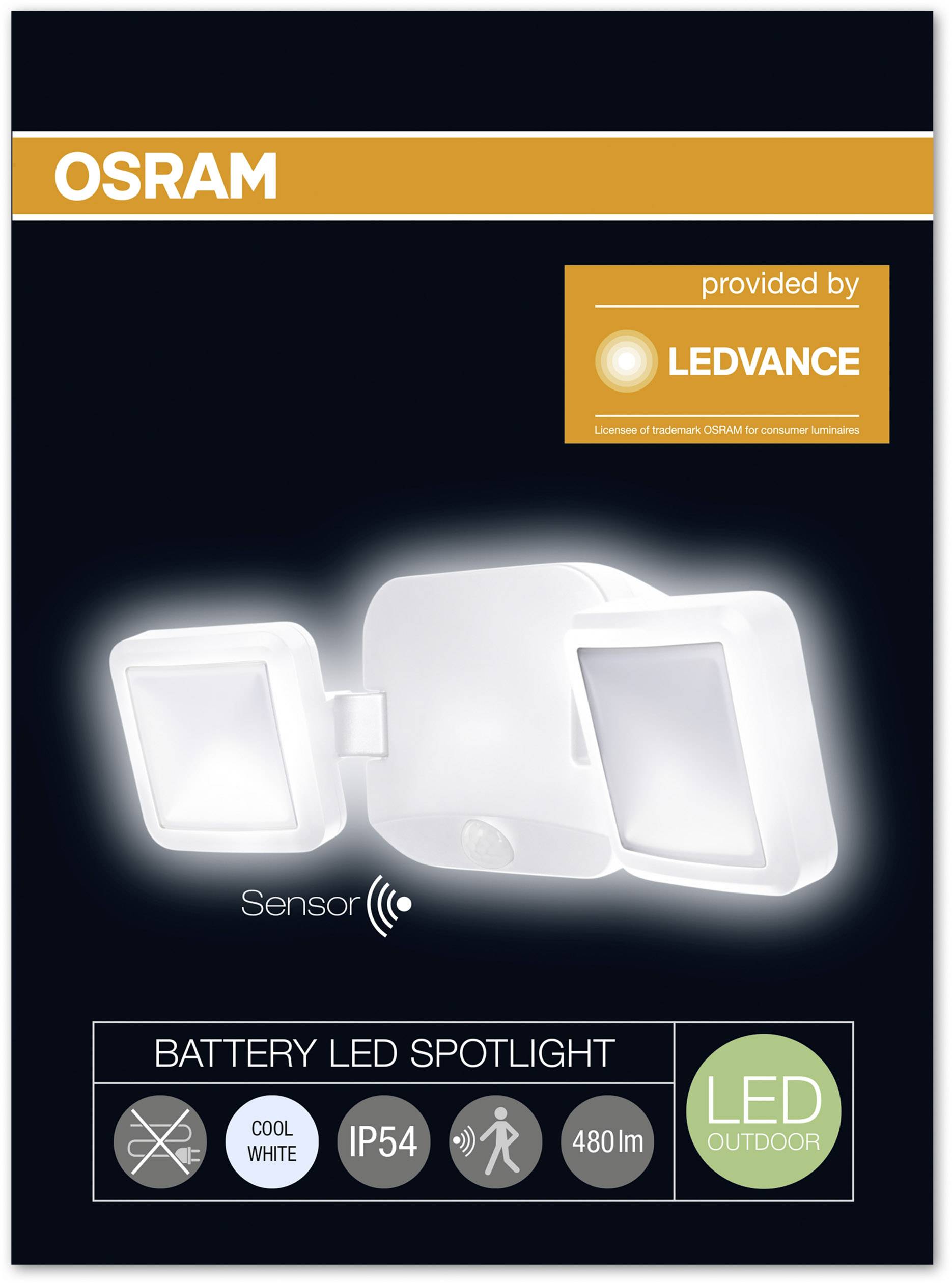 'Projecteur LED OSRAM avec détecteur de mouvement, 480 lm, IP54, fonctionnement sur batterie, blanc froid. Adapté pour une utilisation extérieure.'