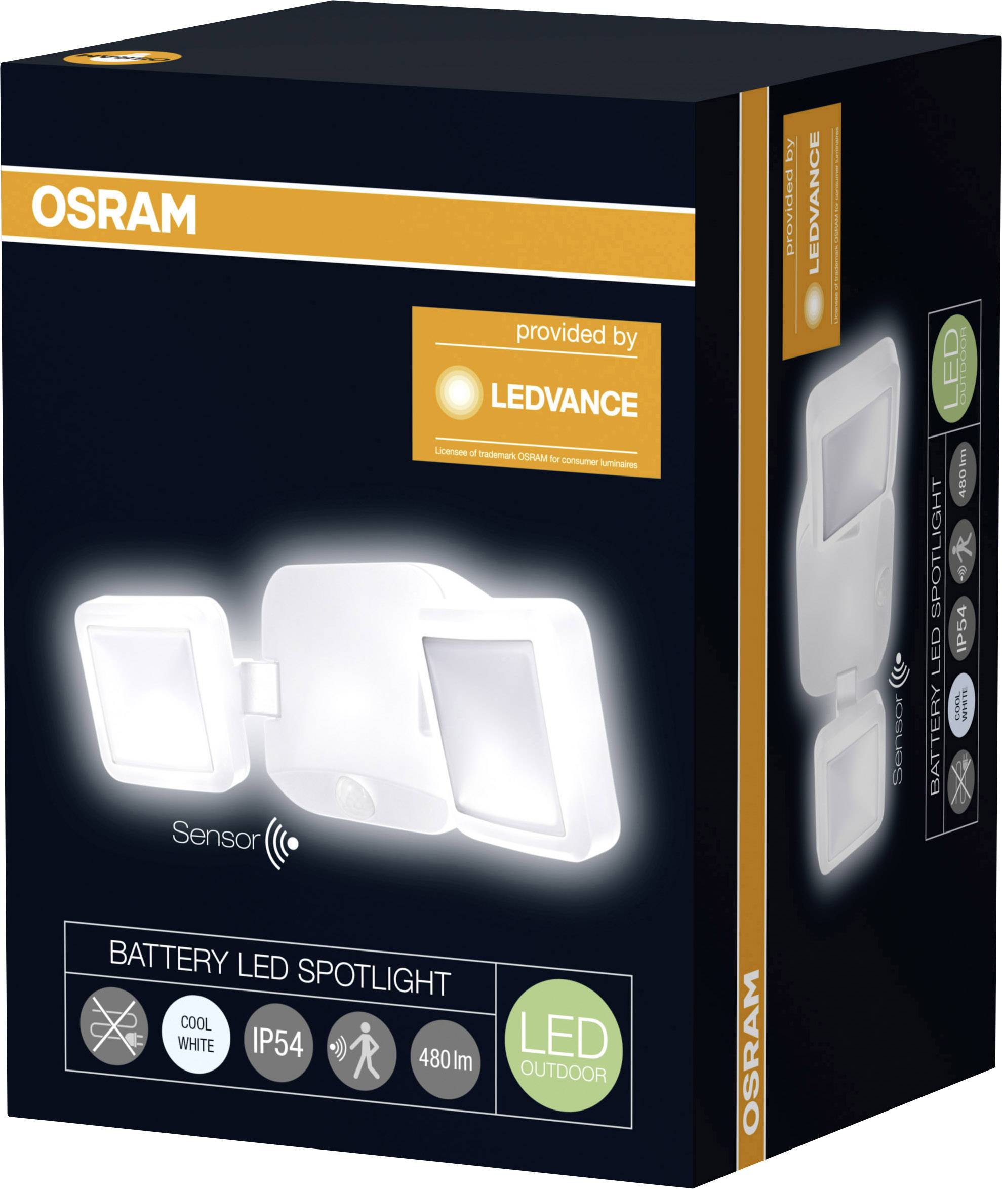 Emballage d'un projecteur LED extérieur de OSRAM. Inscription : "Projecteur LED à piles, 480 lm, IP54, lumière froide, capteur".