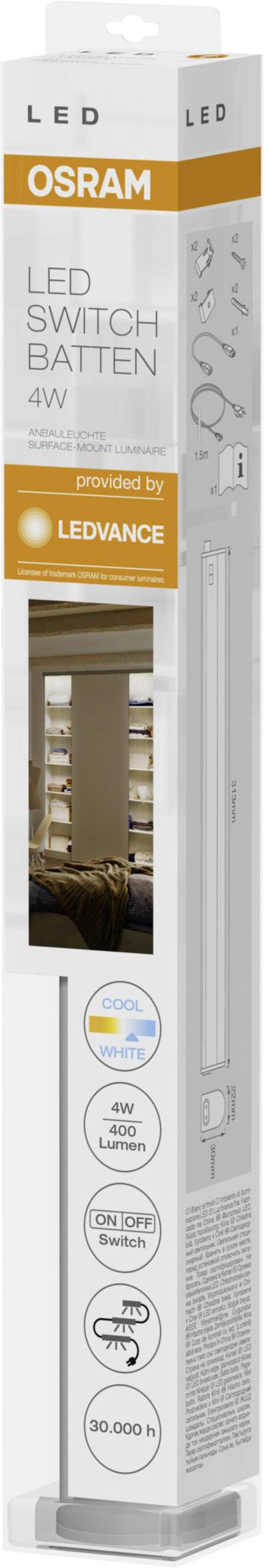 Lampe OSRAM LED Switch Batten 4W, adaptée à l'éclairage intérieur. L'emballage présente une illustration du luminaire et le logo de marque 'LEDVANCE'.