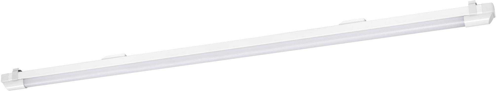 Un luminaire LED long et blanc, conçu dans un style moderne et minimaliste. Il convient à une installation au plafond.