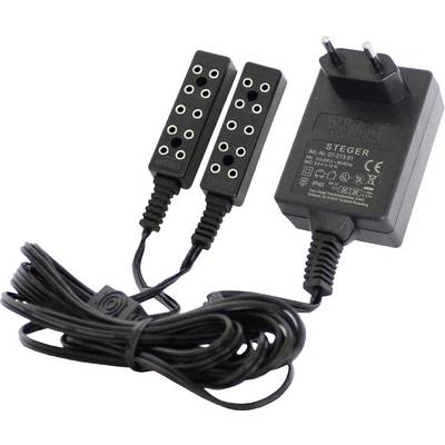 Bloc d'alimentation noir avec deux câbles se terminant chacun par des connexions à huit broches, adapté aux appareils électroniques.