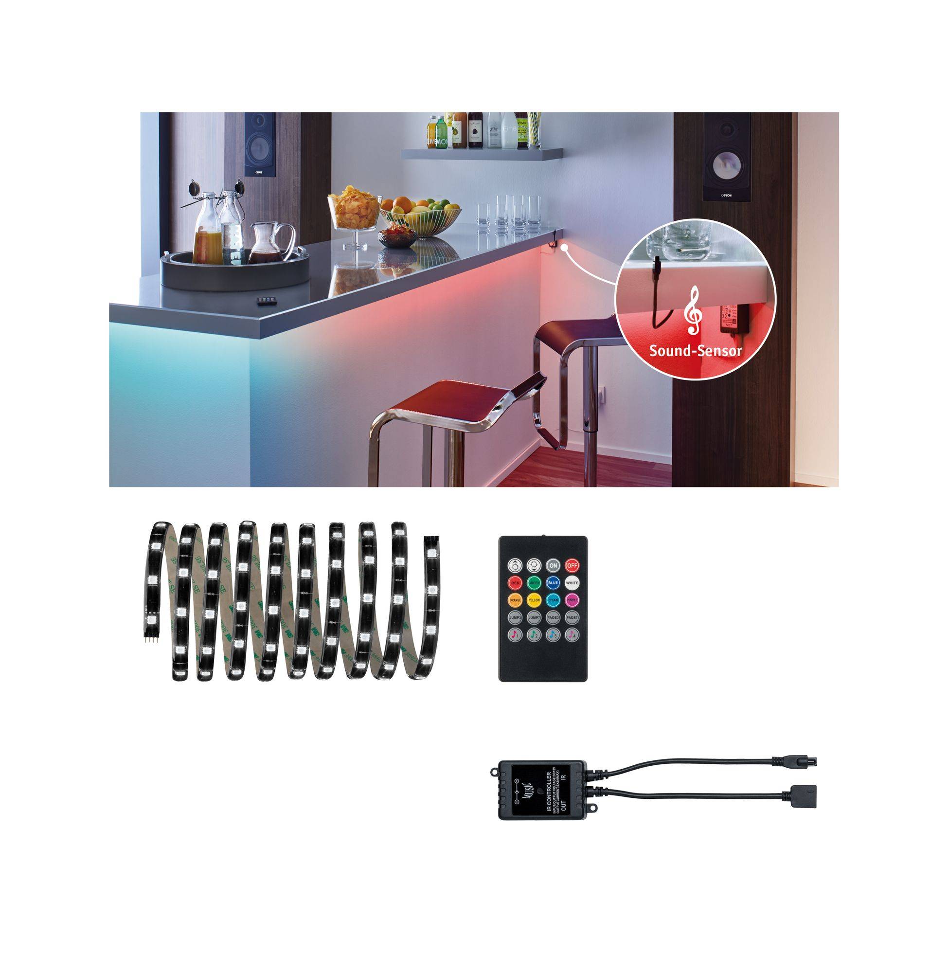Bande lumineuse LED pour l'éclairage de bar avec télécommande. La lumière change en fonction des sons. Illustré : bar avec tabourets et étagères.