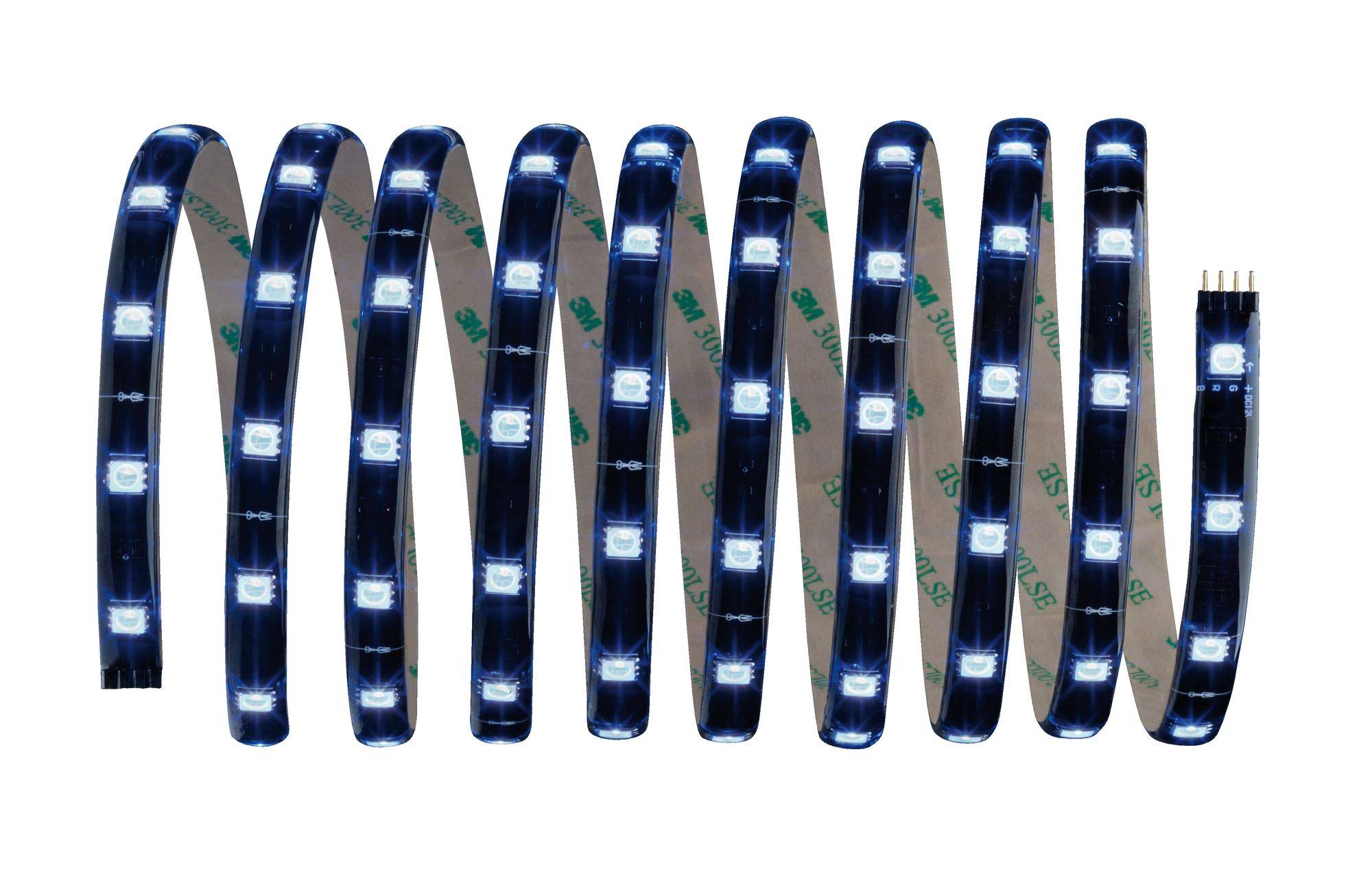Bande de LED bleues disposées en forme d'onde sur un ruban flexible. Le verso présente une surface adhésive pour la fixation.