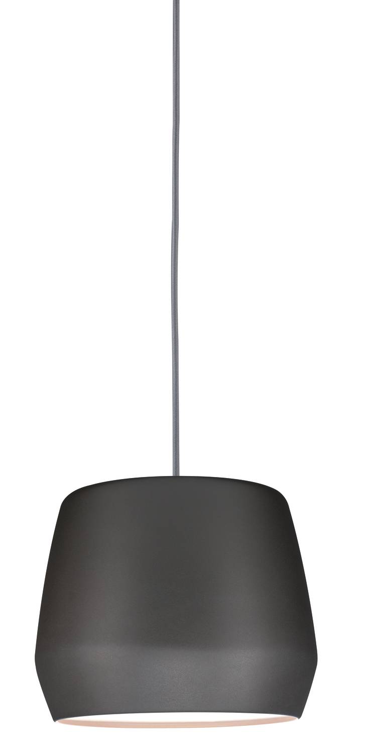 Suspension grise à pendentif avec une forme lisse légèrement conique et un long câble, dans un design minimaliste.