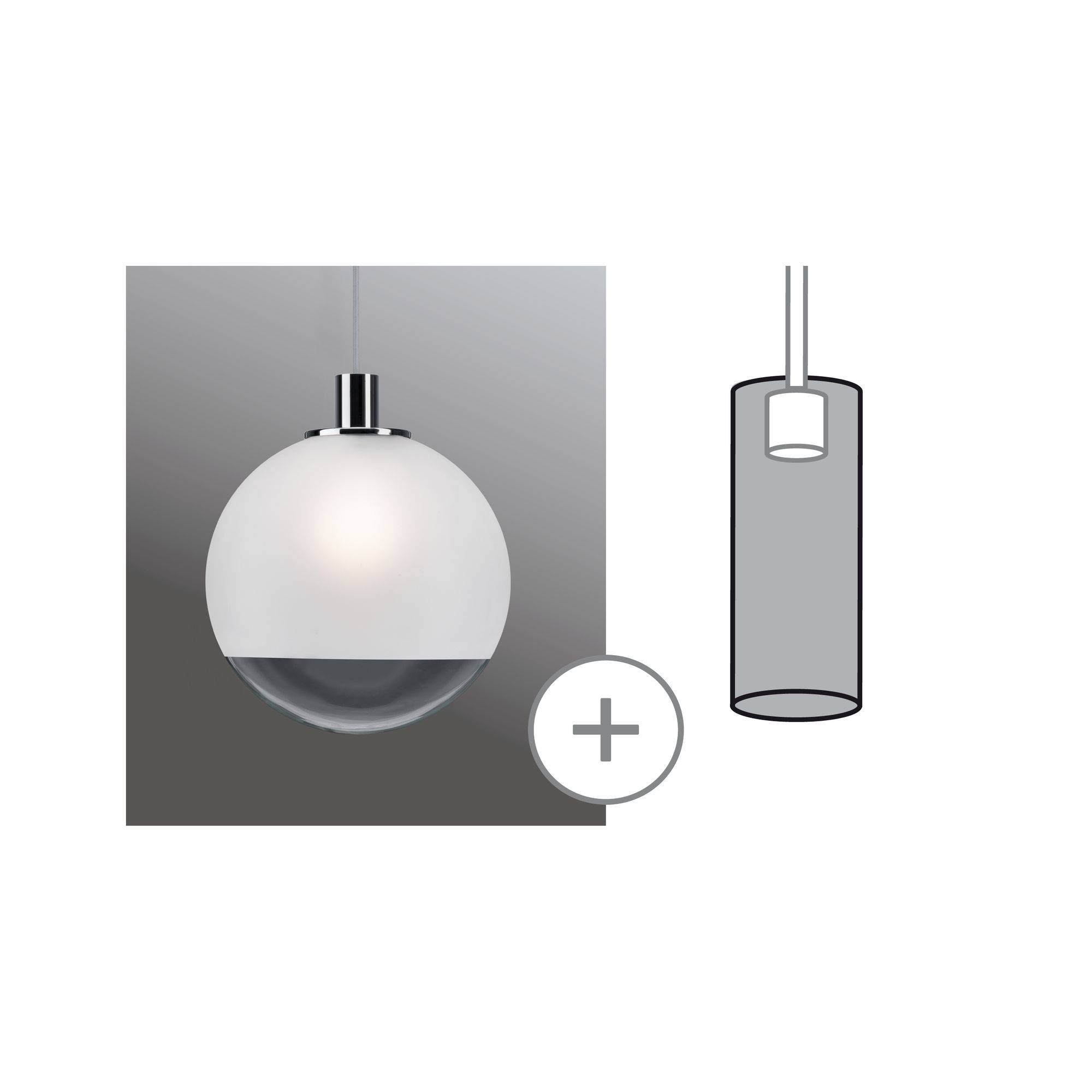 Lampe sphérique blanche suspendue à gauche, à côté d'une lampe cylindrique esquissée, avec un symbole plus entre les deux.