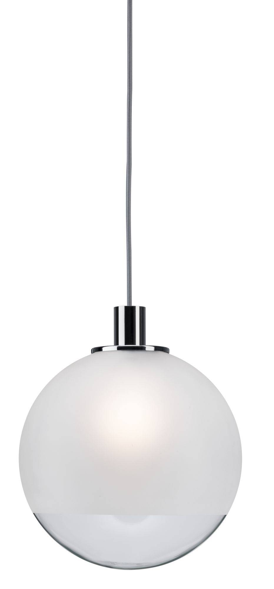 Suspension lumineuse au design minimaliste, composée d'un abat-jour sphérique en verre dépoli blanc et d'un support de suspension argenté, diffusant une lumière douce et délicate.