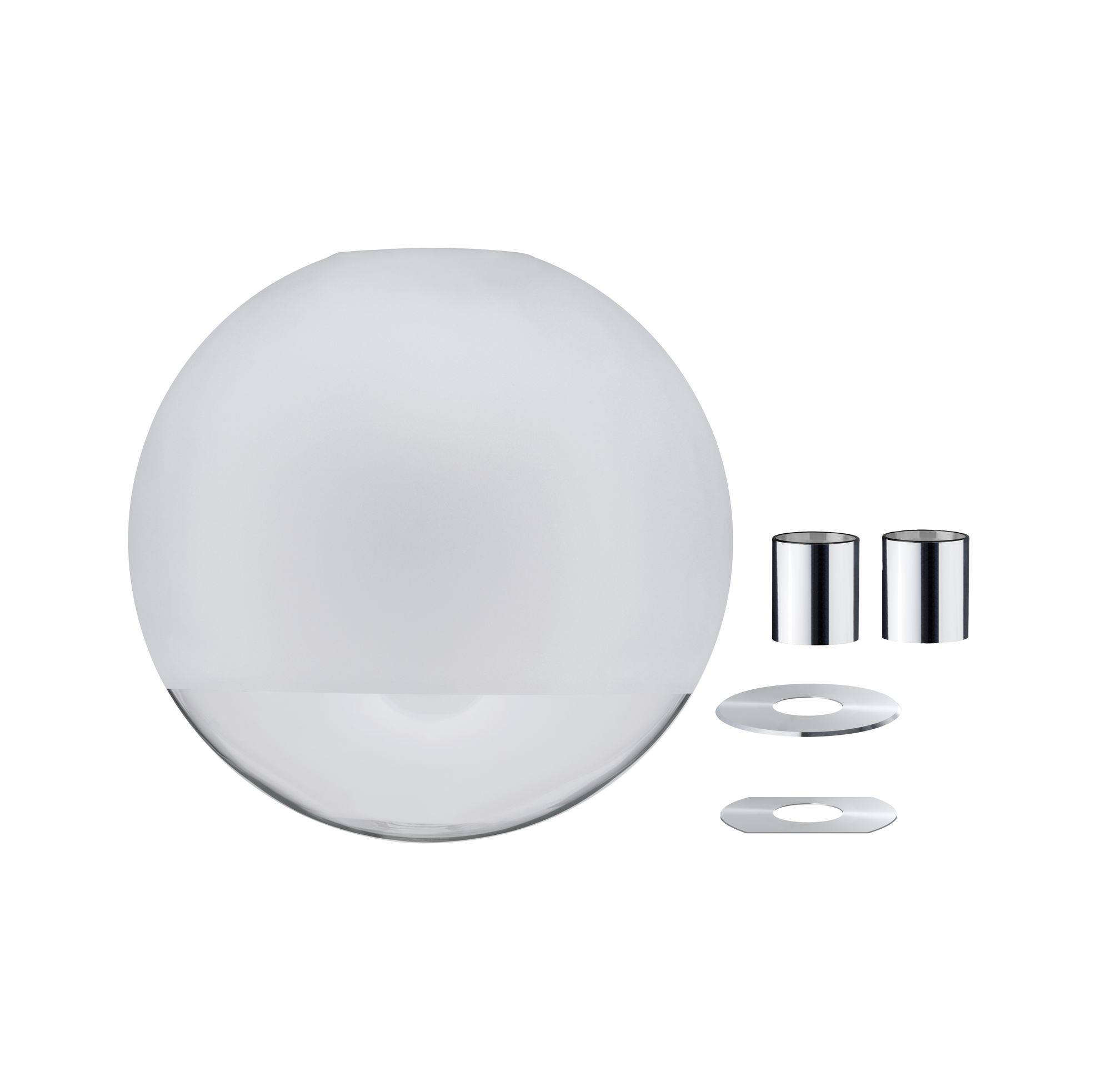 Applique murale de design moderne avec un dôme en verre blanc mat de forme sphérique et un socle chromé. Comprend le matériel de montage.