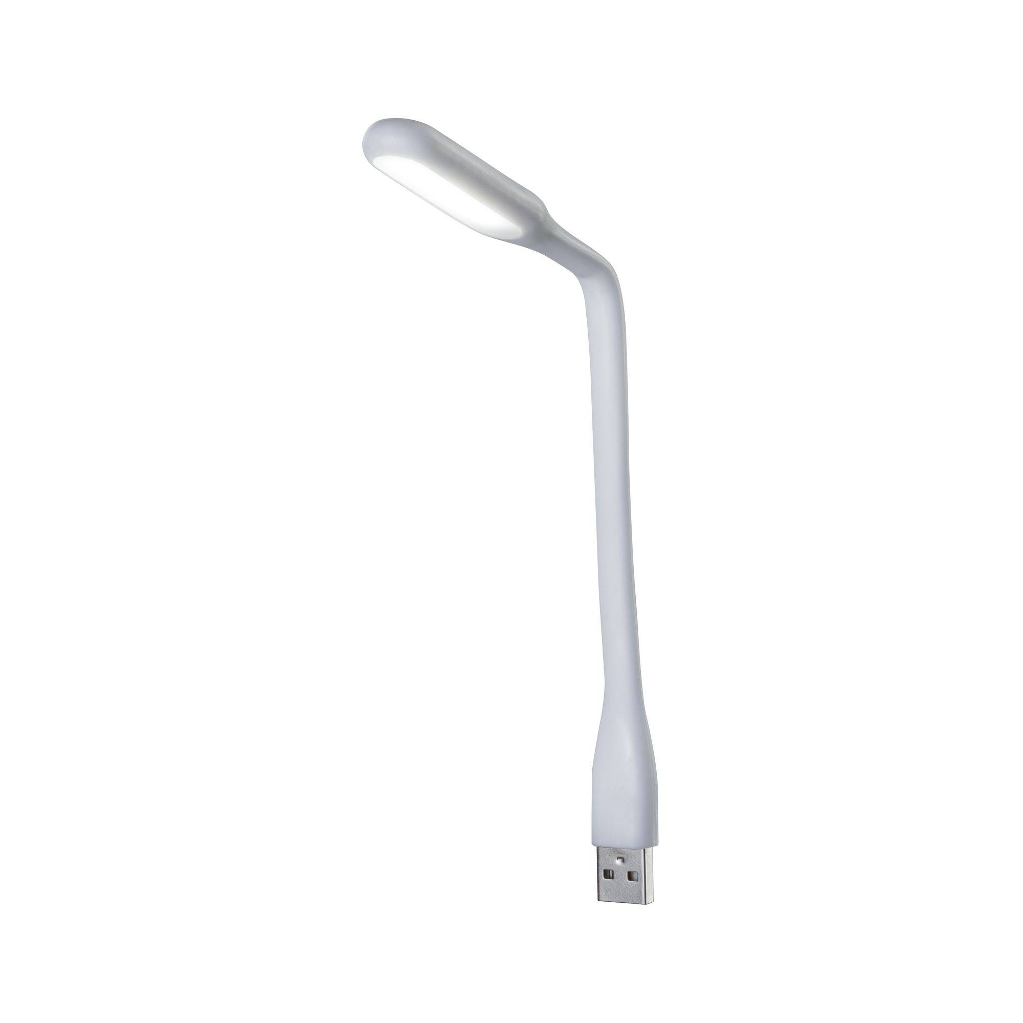 Une lampe USB blanche flexible avec un col de cygne, adaptée pour l'éclairage des ordinateurs ou des ordinateurs portables.