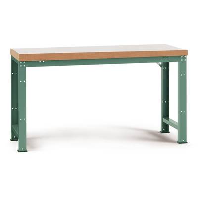 Une table rectangulaire avec une surface en bois et des pieds en métal vert est posée sur un fond blanc.