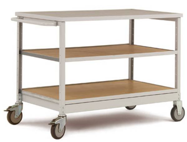 Etabli sur roulettes avec 2 tablettes continues, plateau Multiplex de 30 mm d’épaisseur, RAL 5012 bleu clair Manuflex MW2002.5012