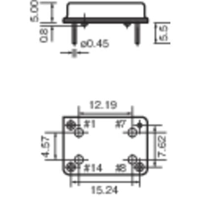 Dessin technique d'un composant électrique avec dimensions : hauteur 5 mm, largeur 5,5 mm. Écarts entre les trous : 12,19 mm et 15,24 mm.