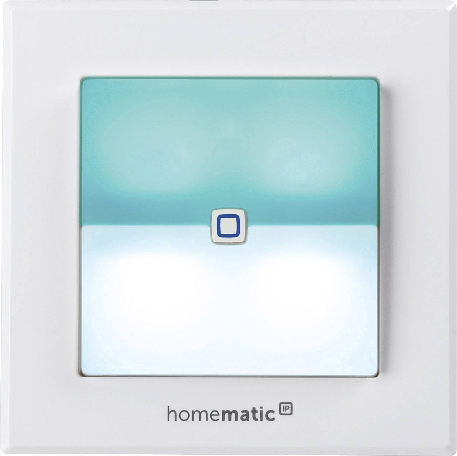 Un interrupteur mural carré de Homematic IP avec des segments rétroéclairés en turquoise et blanc et un petit bouton central.