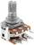 Un petit potentiomètre rotatif argenté avec plusieurs broches de connexion, montrant sa structure métallique robuste et sa base orange.