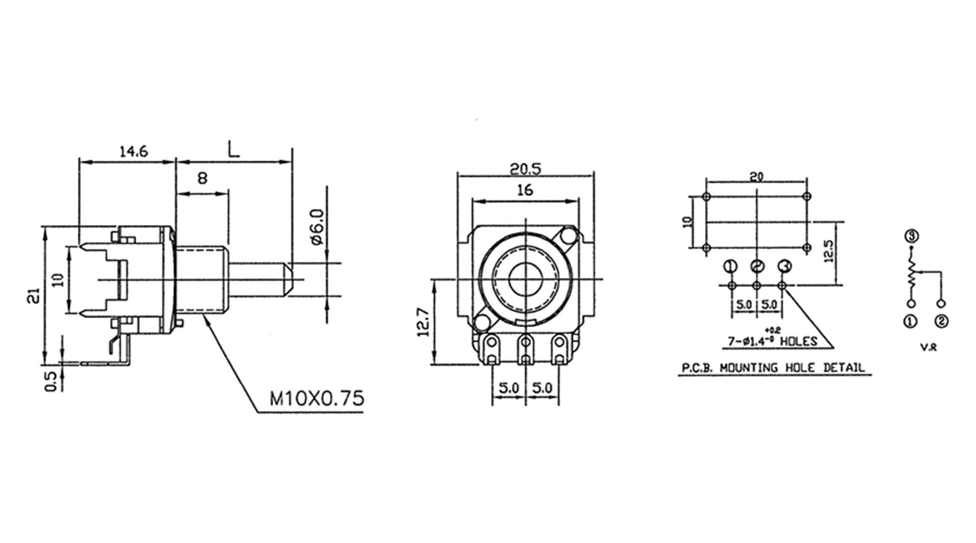 Dessin technique d'un potentiomètre avec dimensions. Vue de trois côtés et détail du perçage de montage.