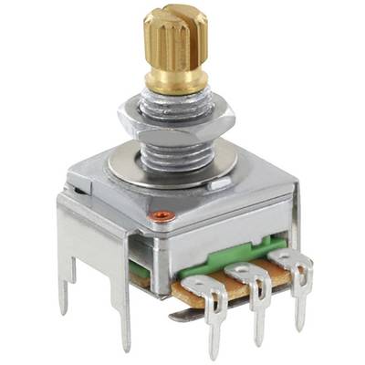 Potentiomètre rotatif à trois broches, monté verticalement. Capuchon supérieur doré pour le réglage de la résistance.