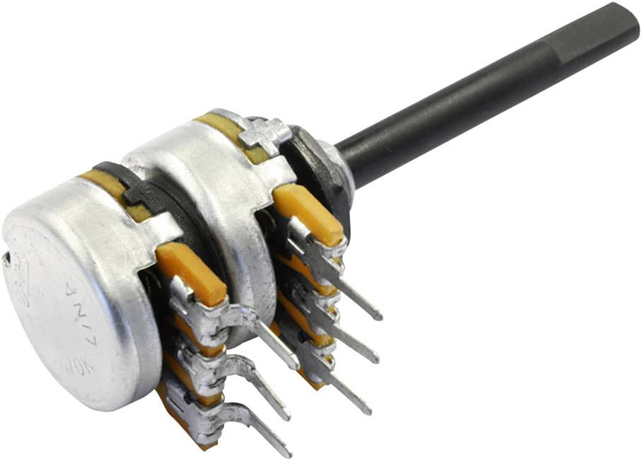 Un potentiomètre rotatif multicouche à plusieurs broches et à arbre long, utilisé pour les circuits électroniques.