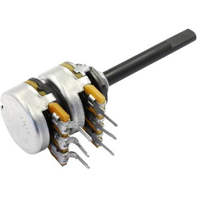 Un potentiomètre rotatif multicouche à plusieurs broches et à arbre long, utilisé pour les circuits électroniques.