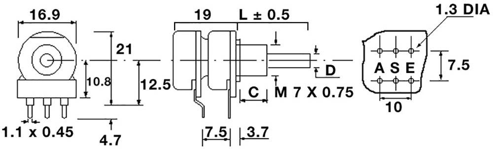 Dessin technique d'un composant électronique avec dimensions et marquages : hauteur montée de 16,9, marquage alphabétique 'ASE'.