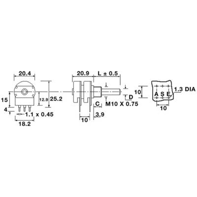 Dessin technique d'un potentiomètre avec dimensions en millimètres. Présente une vue de face, une vue latérale et des détails du boîtier et de l'axe.