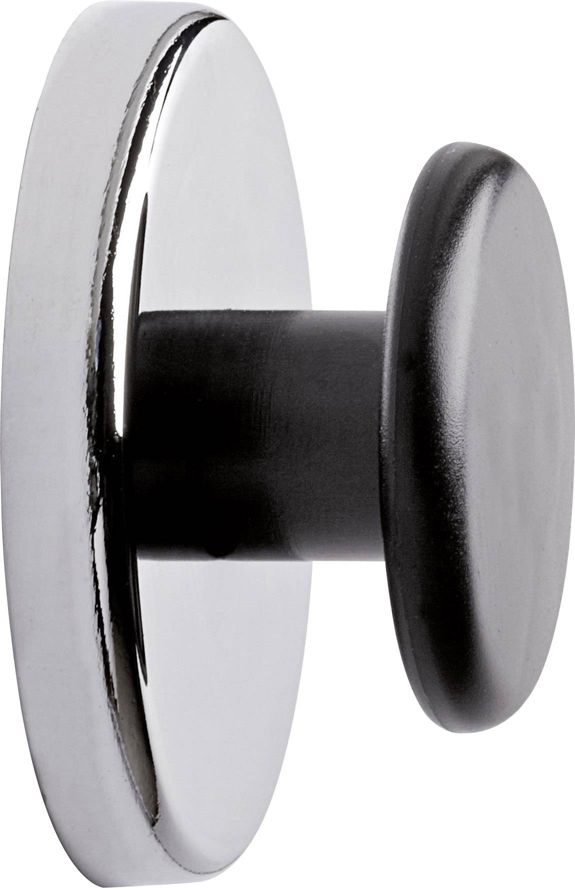 Butoir de porte avec socle rond chromé et tampon de caoutchouc cylindrique noir. Empêche la porte de claquer.