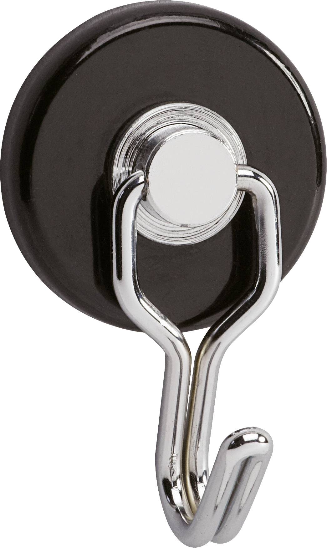 Un aimant rond noir avec un crochet métallique, adapté pour suspendre des objets, visible en gros plan.
