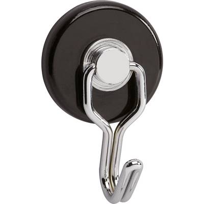 Un aimant rond noir avec un crochet métallique, adapté pour suspendre des objets, visible en gros plan.