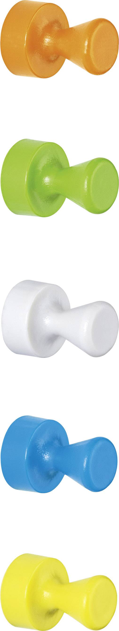 Cinq aimants colorés en orange, vert, blanc, bleu et jaune sont disposés en ligne verticale.