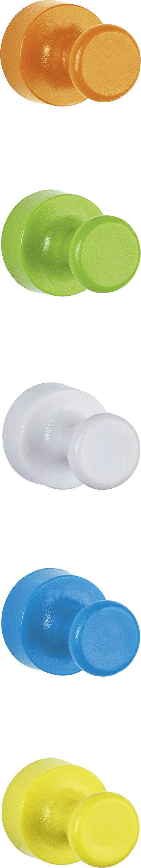 Cinq aimants ronds colorés dans les couleurs orange, vert, blanc, bleu et jaune, disposés en ligne verticale.