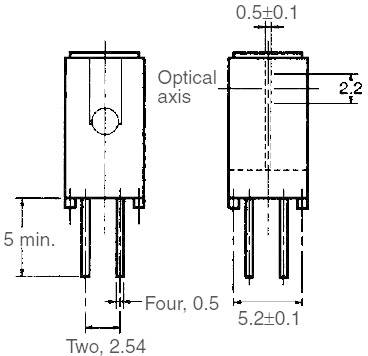 Dessin technique d'un composant cylindrique avec ses dimensions. Comprend des indications sur l'axe optique et les broches électriques.