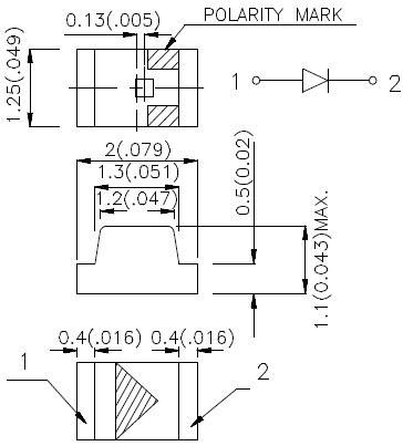 Dessin technique d'un composant électronique avec dimensions en pouces et en millimètres. Marquage de polarisation et positions de connexion représentés.