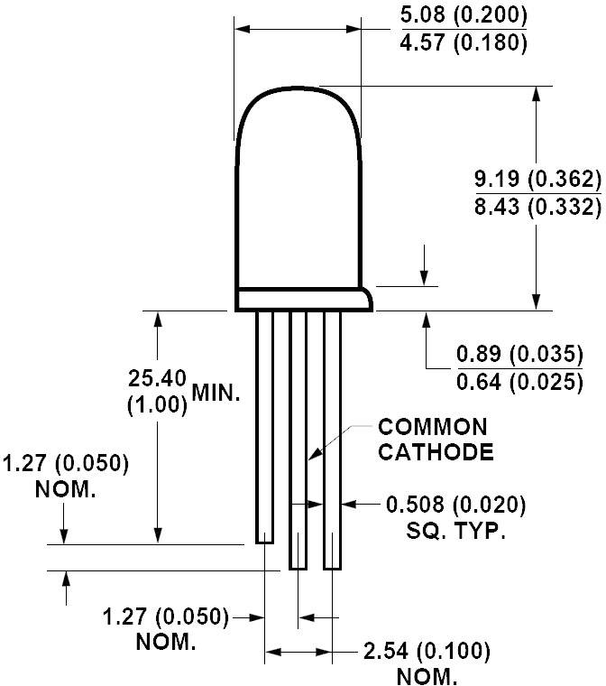 Dessin technique d'un composant LED avec dimensions en pouces et millimètres. Indications sur l'écartement des broches et la hauteur totale.