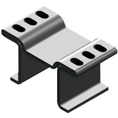 Élément métallique en forme de C avec des trous aux extrémités surélevées. Utilisé pour des connexions mécaniques ou des fixations.