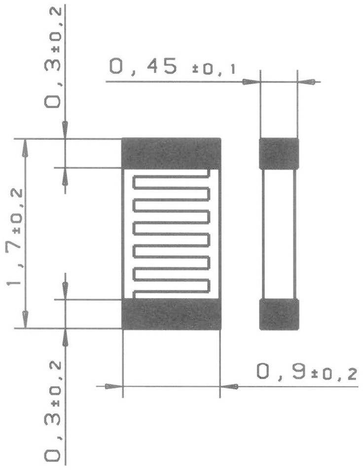 Dessin technique d'une résistance avec dimensions : Longueur 1,7 mm, largeur 0,45 mm, hauteur 0,3 mm. Montre les vues de face et de côté.