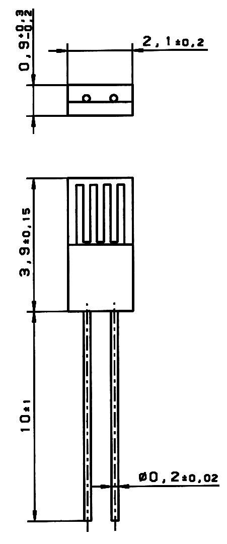 Dessin technique d'un composant électronique avec ses dimensions. En haut : forme rectangulaire avec deux trous. En bas : élément allongé avec quatre bandes verticales et deux pattes.