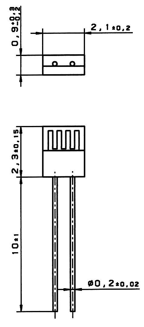 Schéma d'un composant électronique, probablement un transistor, avec dimensions en millimètres et broches de soudure en bas.