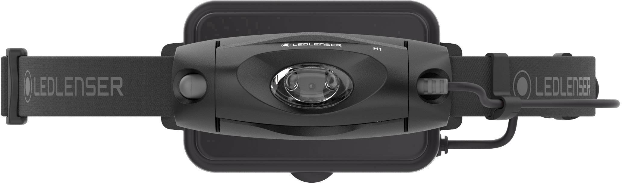 Une lampe frontale Ledlenser, modèle H7.1, en noir, vue de face. Elle dispose d'un phare central et de sangles réglables.