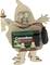 Figurine en bois avec une batterie et un circuit électronique alimentant une lampe LED. La figurine tend un bras avec la lampe.