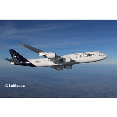 Un grand avion de la compagnie Lufthansa vole à haute altitude au-dessus d'un paysage, visible sous un ciel dégagé.