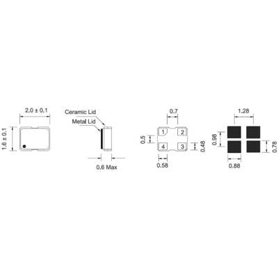 'Diagramme d'un composant avec dimensions : 2,0 x 1,6 x 0,6 mm. Montre des couvercles en métal et en céramique. Surfaces de contact carrées : 0,58 x 0,48 mm.'