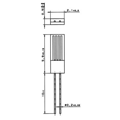 Dessin technique d'un composant électronique avec dimensions : Haut 2,1 ±0,2, Hauteur 5,9 ±0,15. En bas, deux fils Ø0,2 ±0,02.