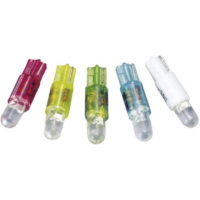 Cinq ampoules LED de différentes couleurs - rouge, jaune, vert, bleu et blanc - alignées côte à côte sur un fond blanc.