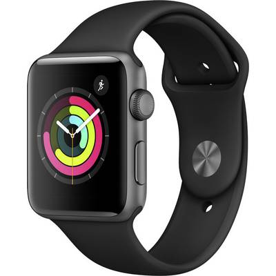 Montre connectée noire avec un cadran rond et des anneaux d'activité colorés sur l'écran. Elle affiche l'heure et les données de fitness.