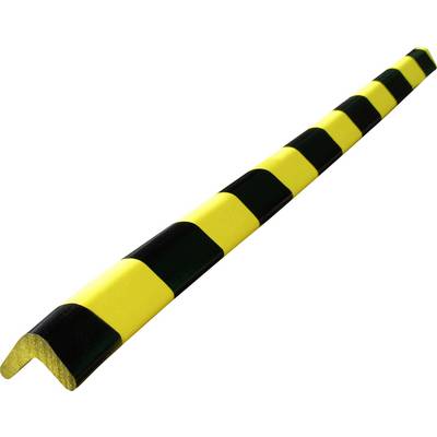 Un dispositif de protection à rayures noir et jaune, de forme en L, servant à signaler les coins comme mesure de sécurité.
