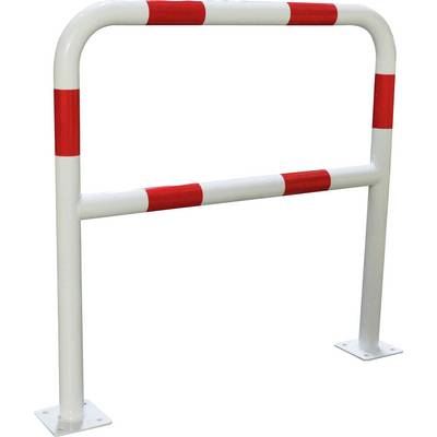 Barrière de signalisation blanche avec des bandes rouges, debout verticalement. Utilisée pour sécuriser des zones ou guider la circulation.