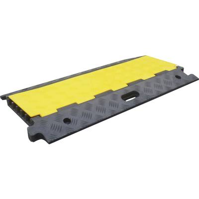Un chemin de câbles avec un couvercle jaune et une base noire, utilisé pour protéger et organiser les câbles au sol.